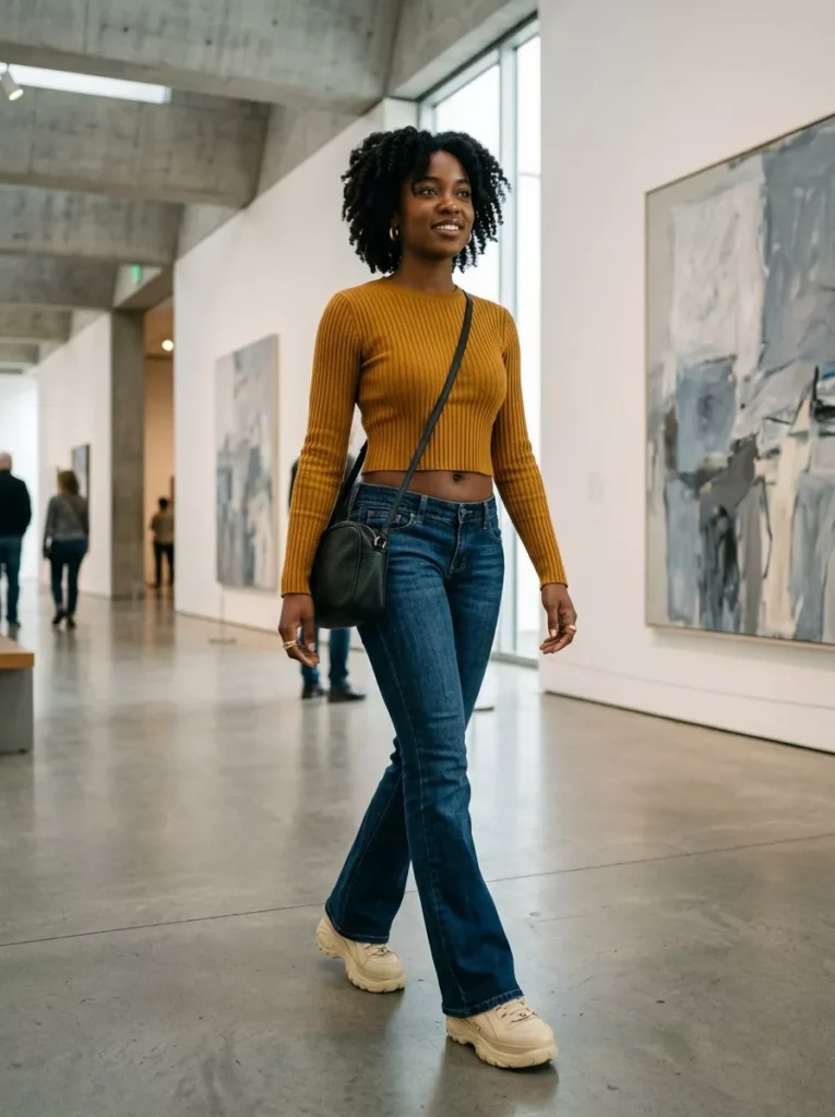 Cropped Knit Sweater and Low Rise Flared Jeans