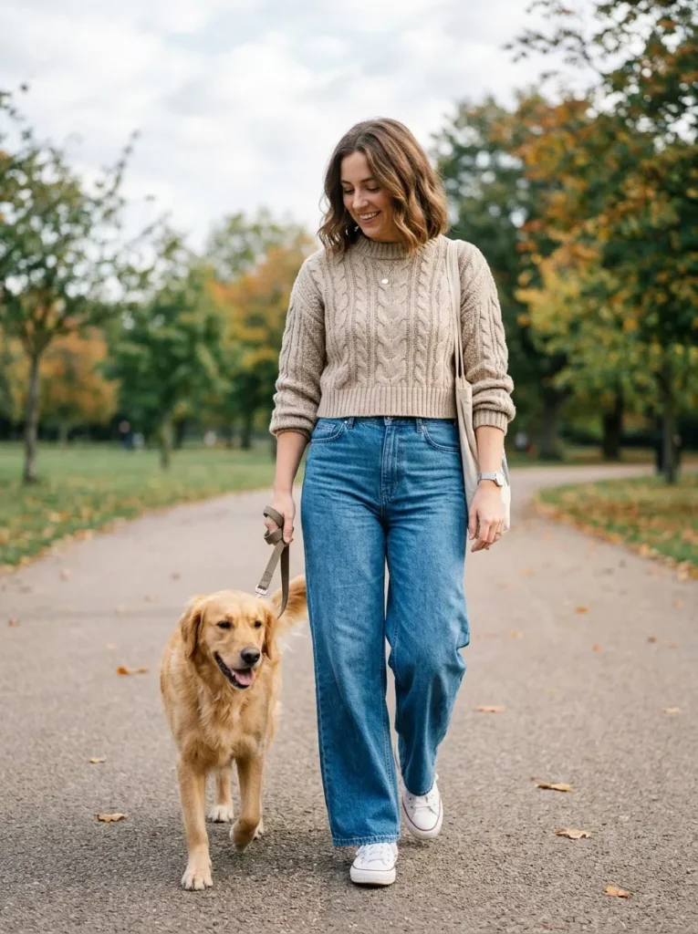 Cropped Sweater and Wide Leg Jeans for Cool Mornings