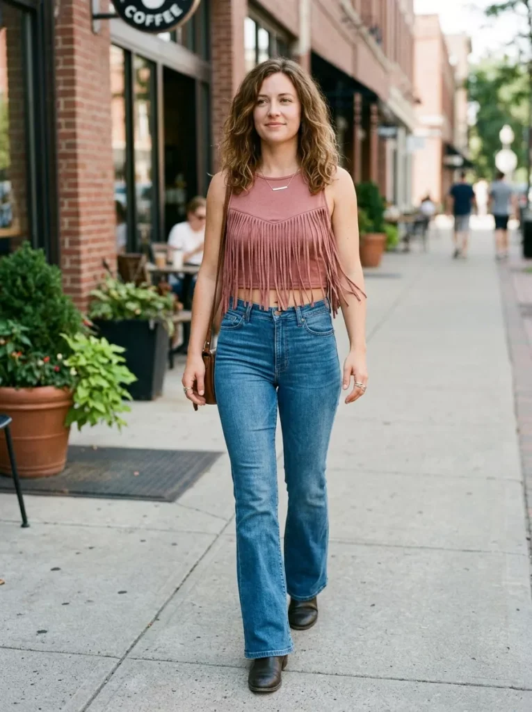 Dusty Rose Fringe Crop with High-Waist Bootcut Jeans
