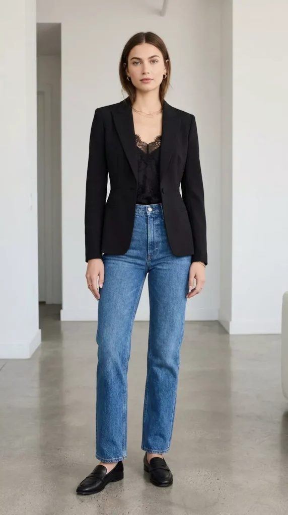 Fitted Blazer, High-Waist Jeans, and a Lace Camisole
