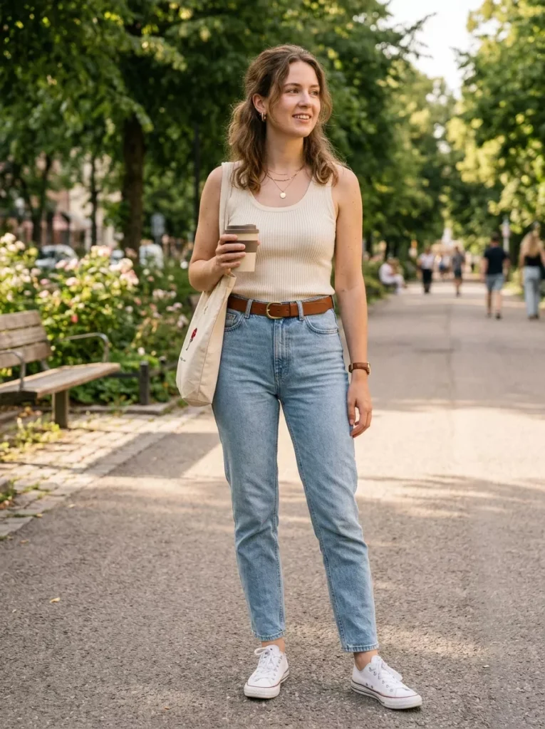 Fitted Ribbed Tank with Slim Mom Jeans