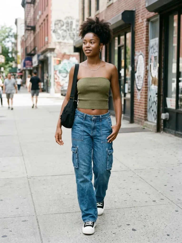 Fitted Tube Top and Low Rise Cargo Jeans for Street Style