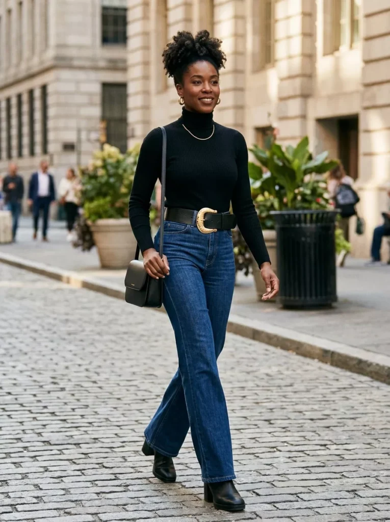 Fitted Turtleneck, Statement Belt, and Flare Jeans for Clean Lines