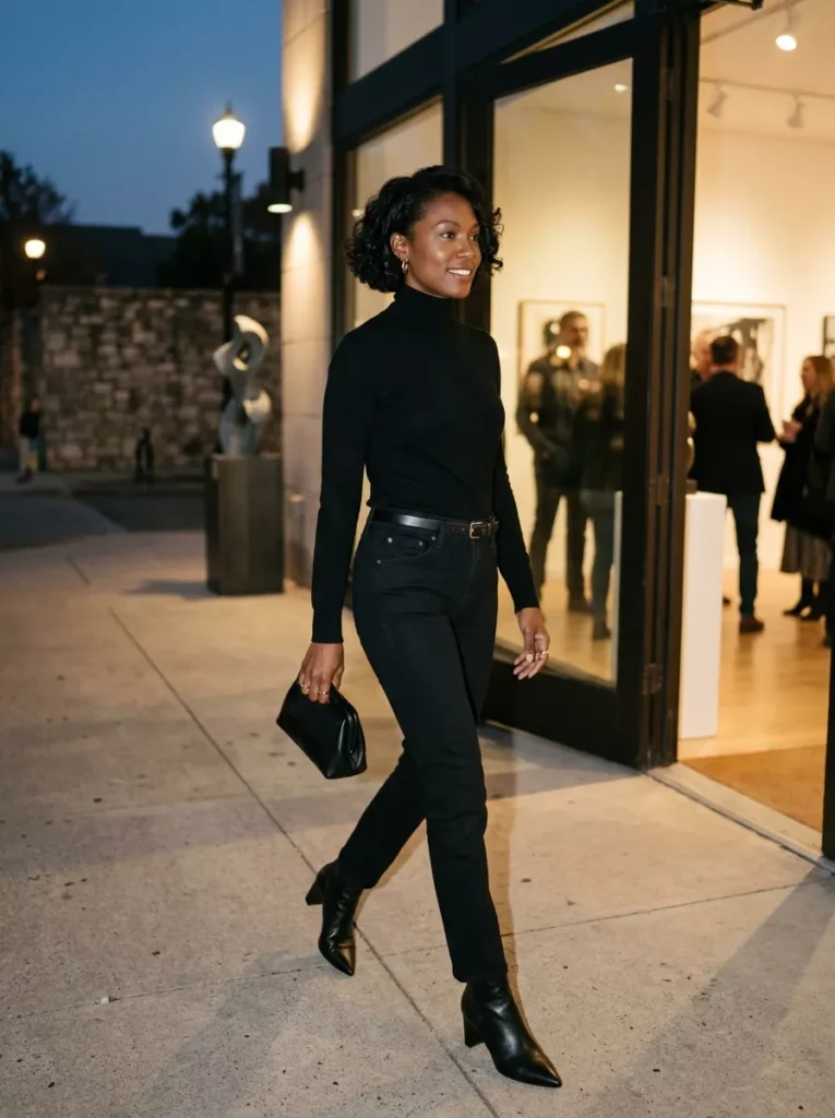 Fitted Turtleneck and Low Rise Black Jeans for Minimal Nights