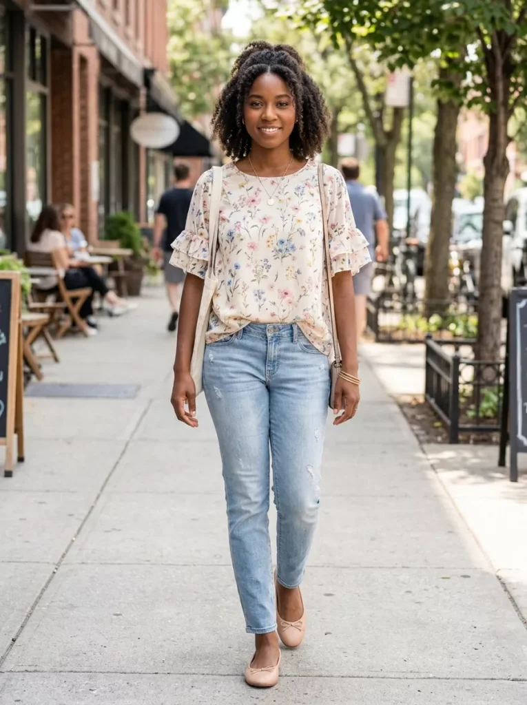 Floral Blouse, Low Rise Light Wash Jeans, and Ballet Flats
