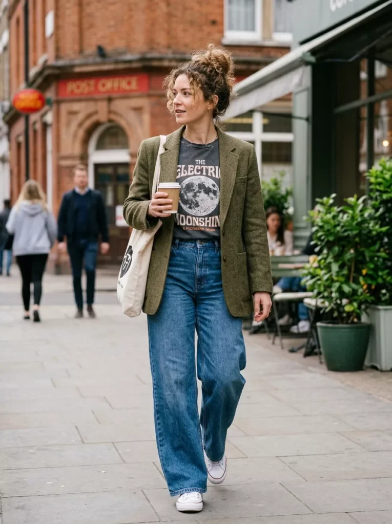 Graphic Tee, Blazer, and Wide Legs for Weekend Errands