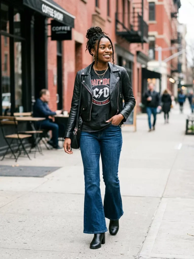 Graphic Tee, Leather Jacket, and Flared Hem for Weekend Edge