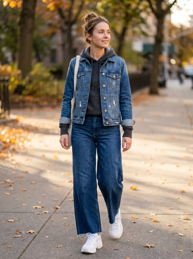 Hoodie Layered Under a Denim Jacket for Cold Afternoons