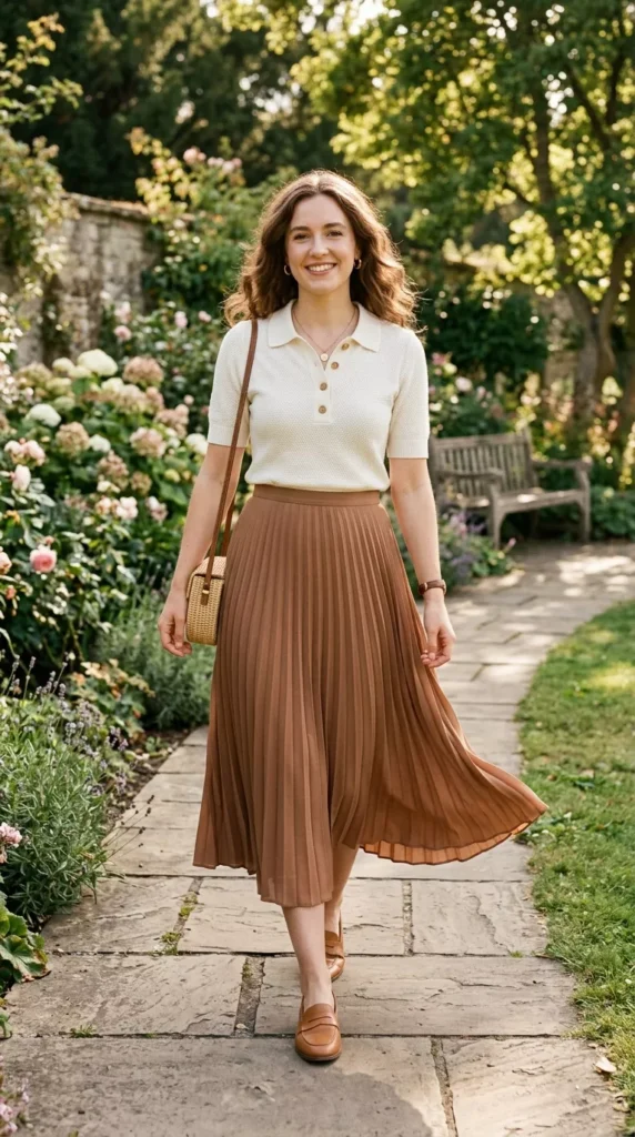 Ivory Knit Polo With a Soft Brown Pleated Midi Skirt