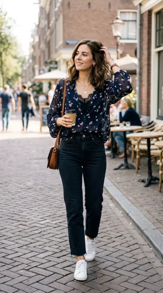 Lace-Trim Camisole Under Sheer Blouse with Dark Denim