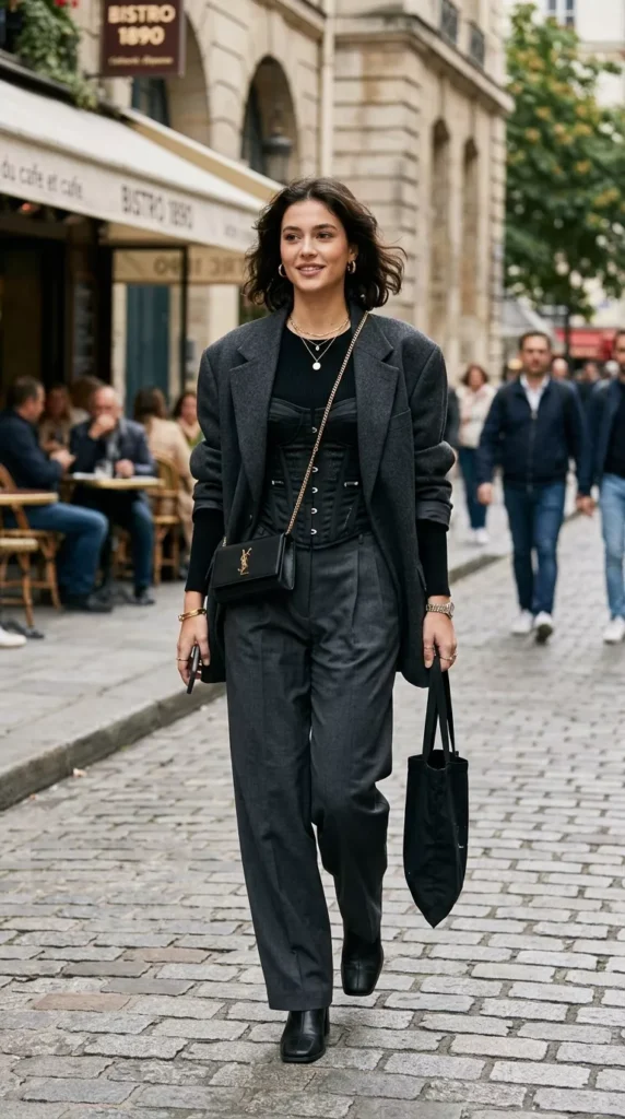 Layered Black Corset Under an Oversized Blazer for Fall