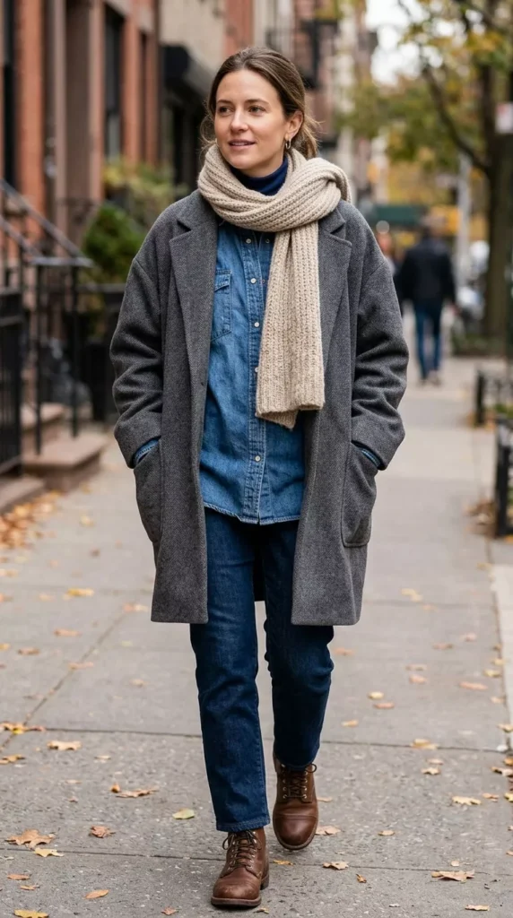 Layered Under an Oversized Coat with Scarf for Cold Weather