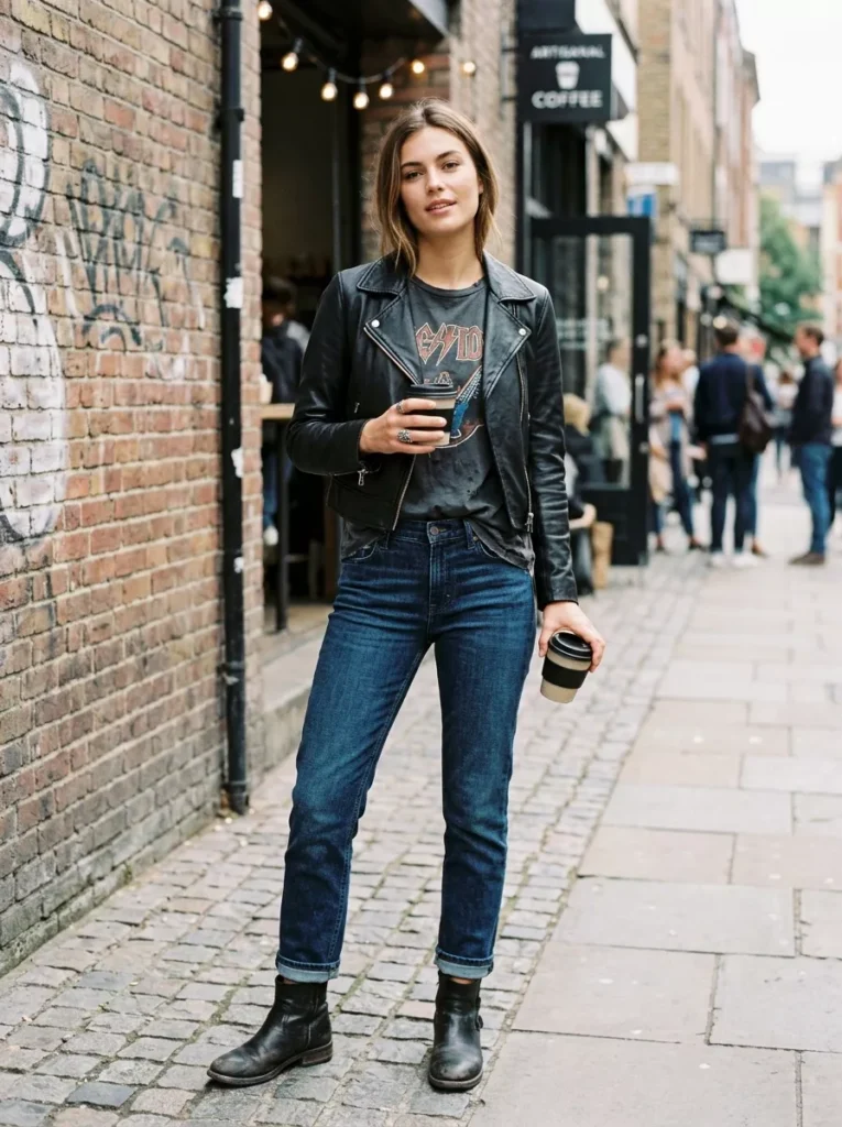Leather Jacket, Graphic Tee, and Jeans for Weekend Edge