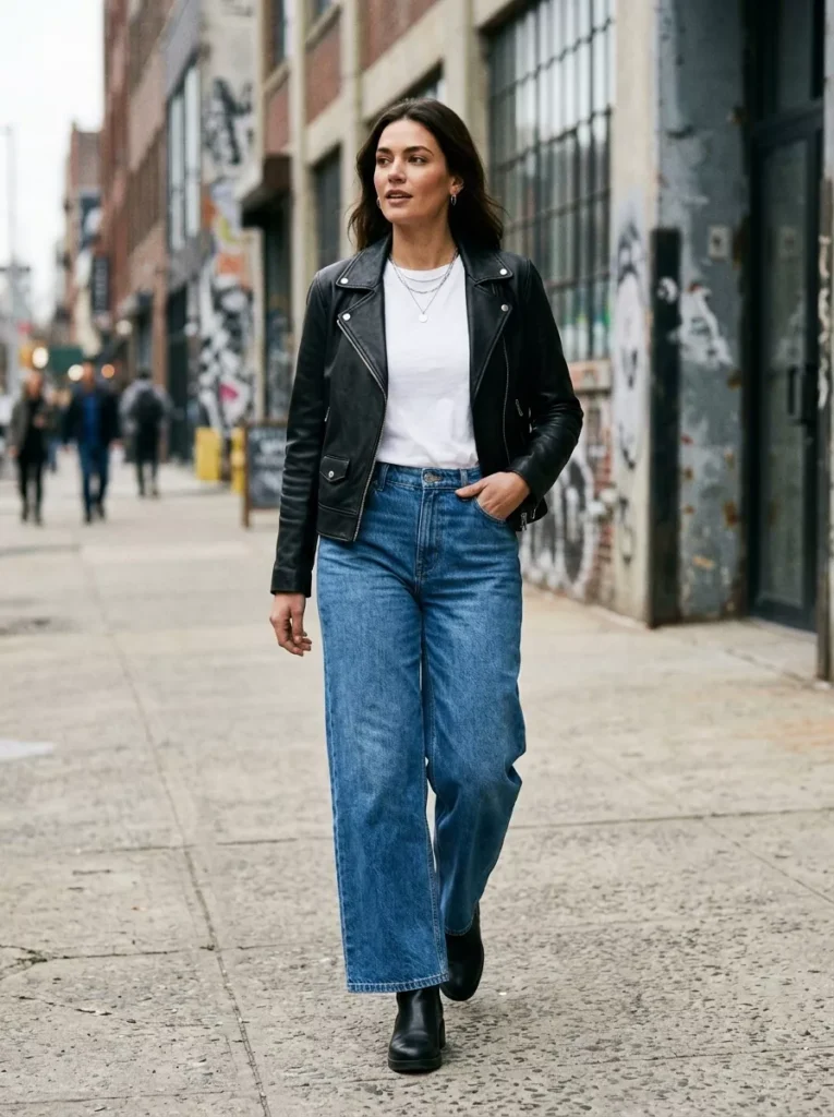 Leather Jacket, White Tee, and Wide Leg Jeans for Edge