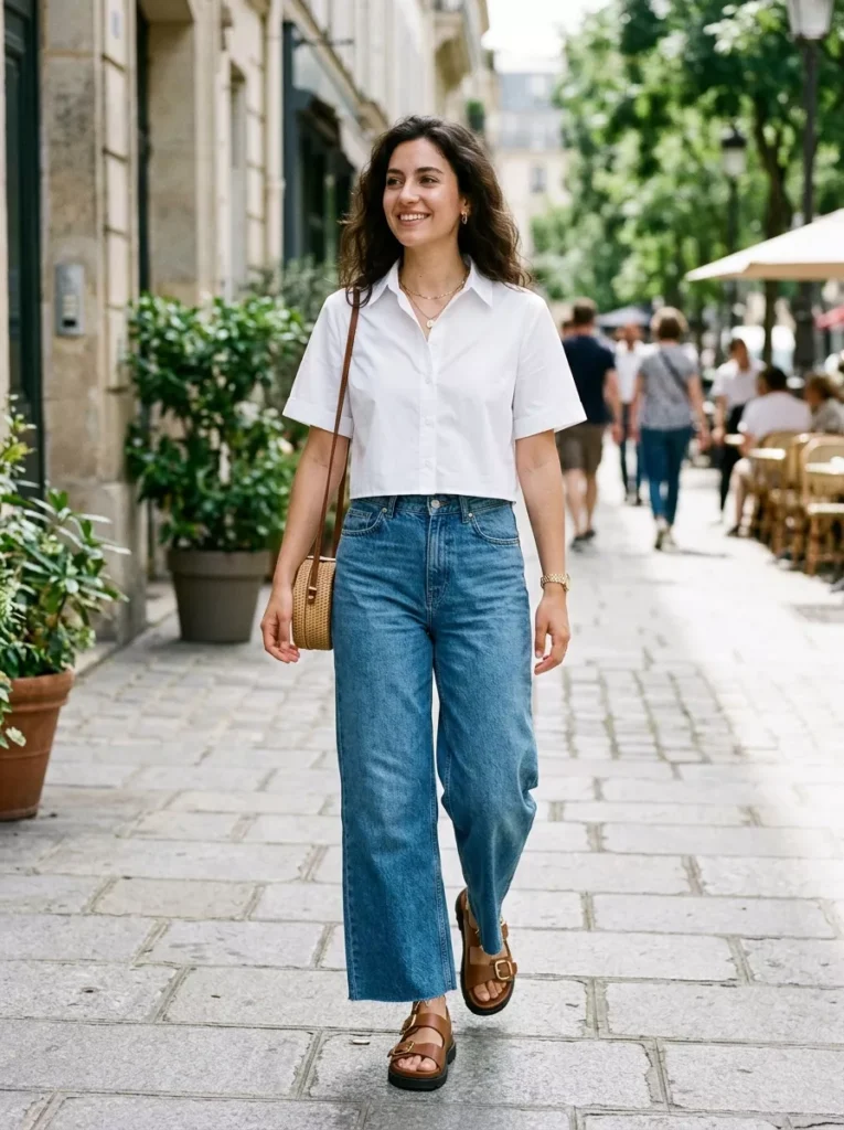 Lightweight Cotton Poplin Crop with Wide-Leg Jeans