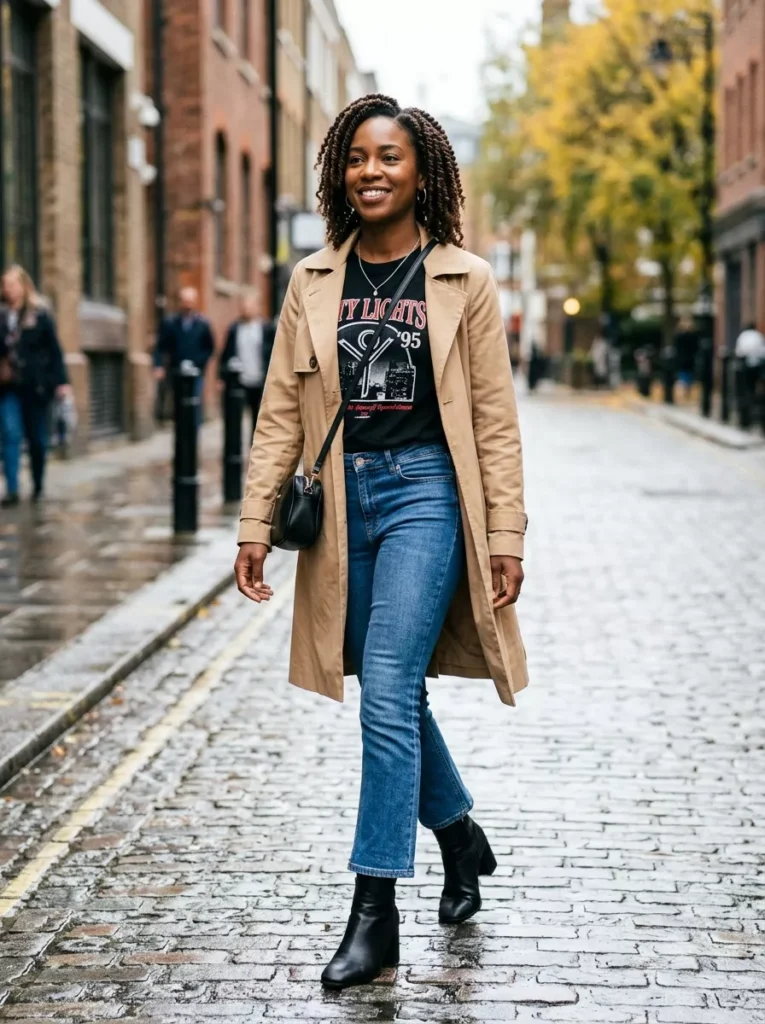 Lightweight Trench, Graphic Tee, and Low Rise Slim Boots Cut Jeans