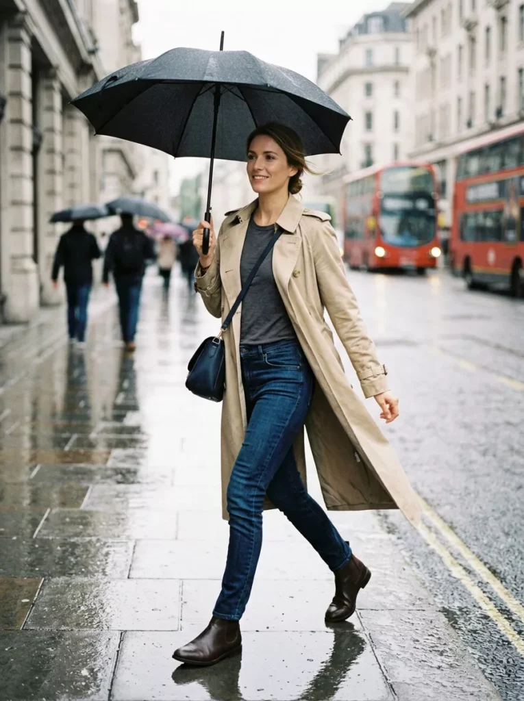 Lightweight Trench, Tee, and Jeans for Rainy-Day Style