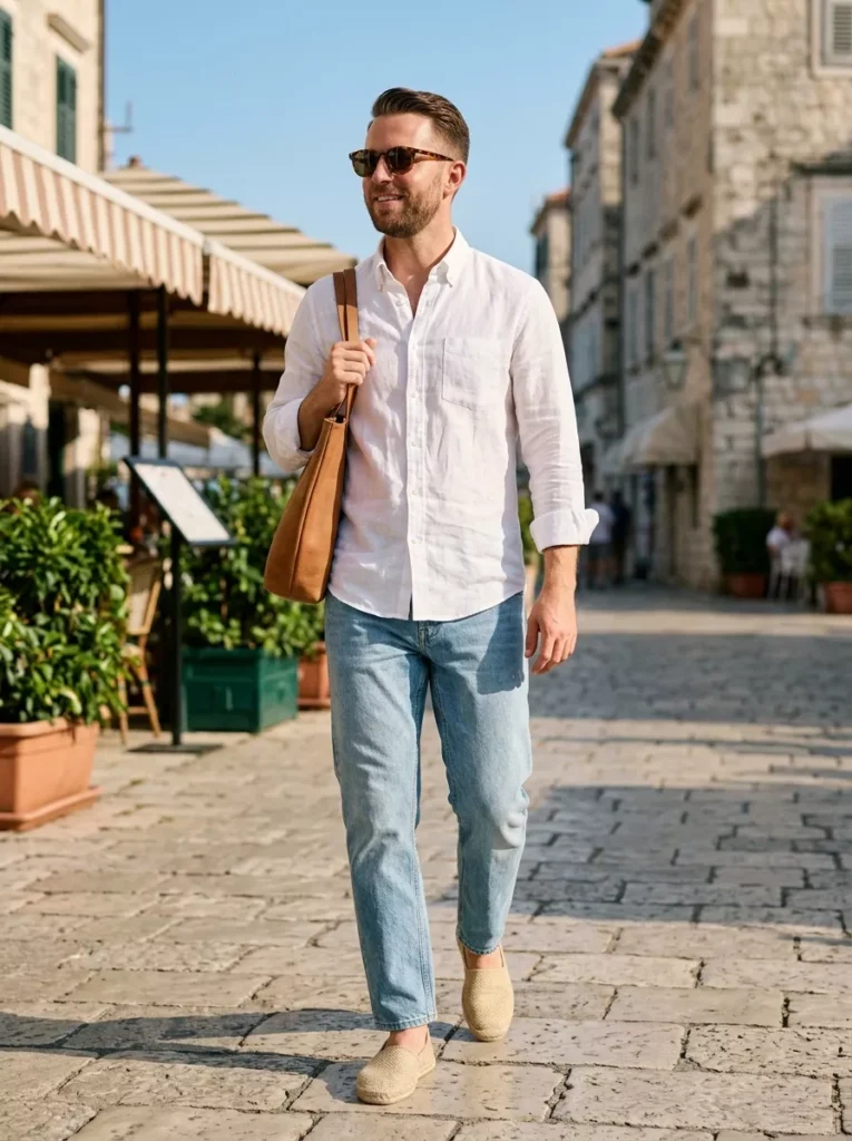 Linen White Shirt with Light Wash Jeans