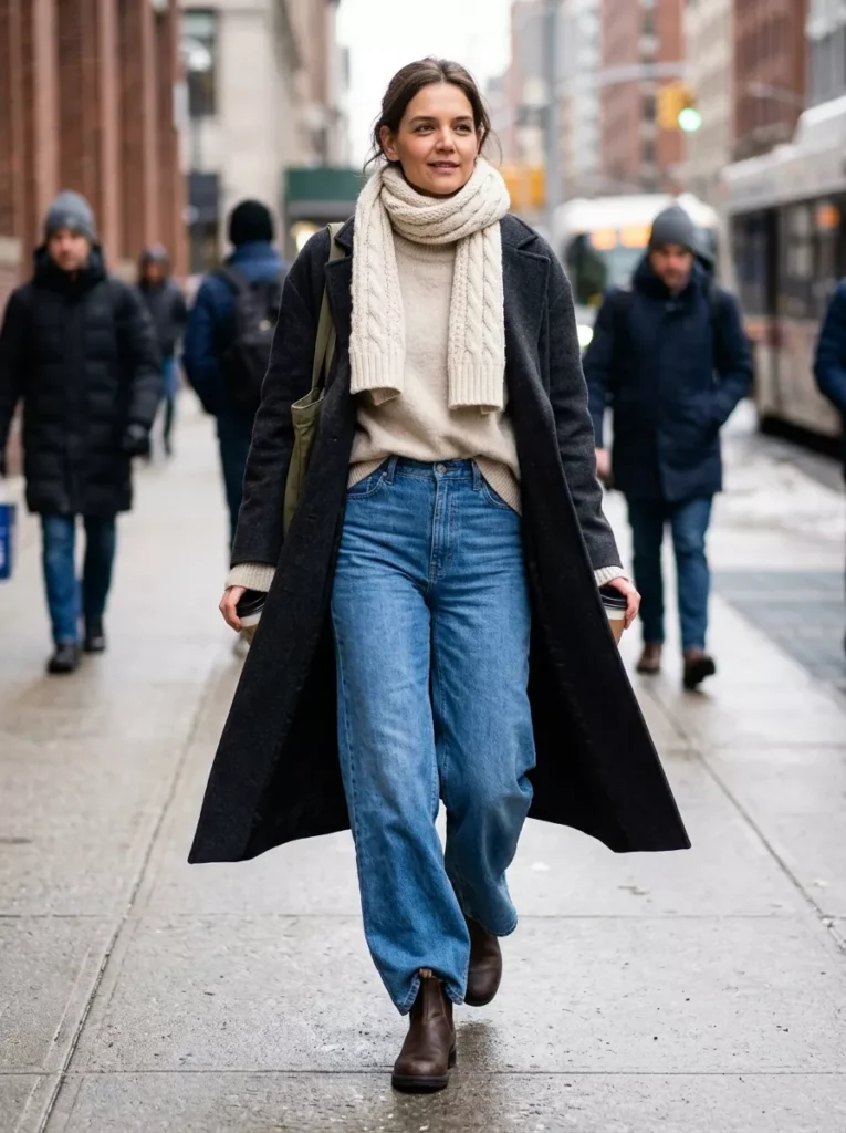 Long Coat, Scarf, and Wide Legs for Cold Commutes