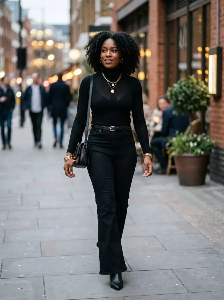 Monochrome Black Top and Black Flares for a Streamlined Look