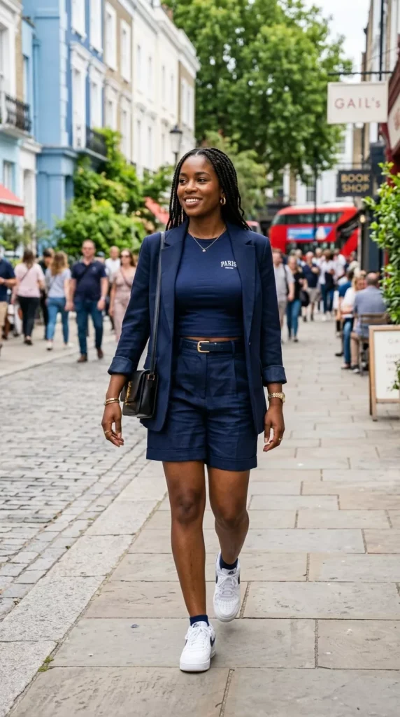 Navy Baby Tee With Tailored Shorts and Blazer