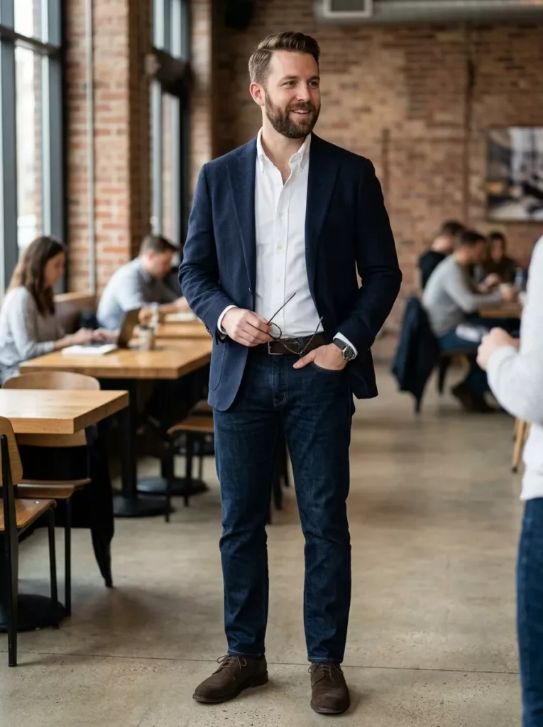 Navy Blazer, Crisp Shirt, Dark Jeans