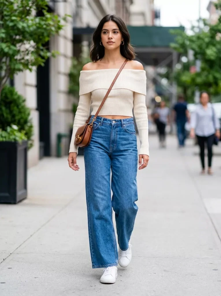 Off-Shoulder Knit Crop with High-Rise Wide-Leg Jeans