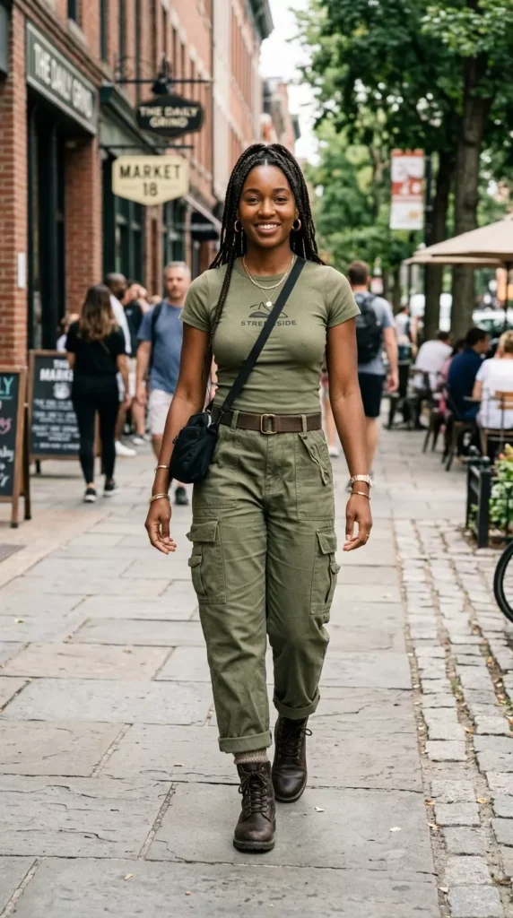 Olive Baby Tee With Cargo Pants and Boots