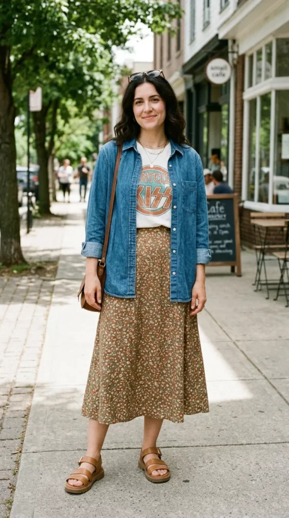 Open as a Lightweight Jacket over a Graphic Tee and Midi Skirt