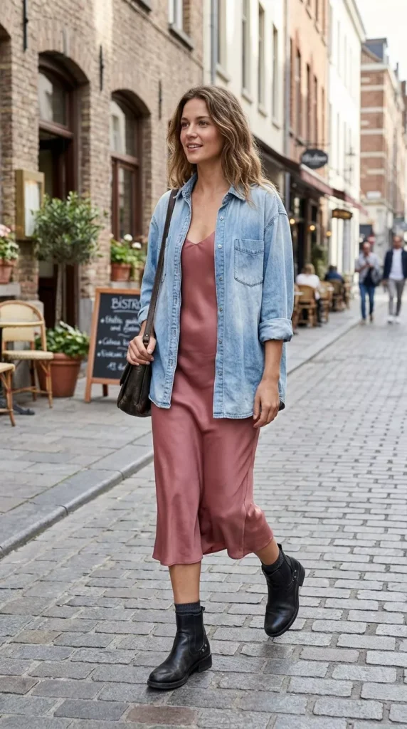 Over a Slip Dress with Ankle Boots for Feminine Contrast