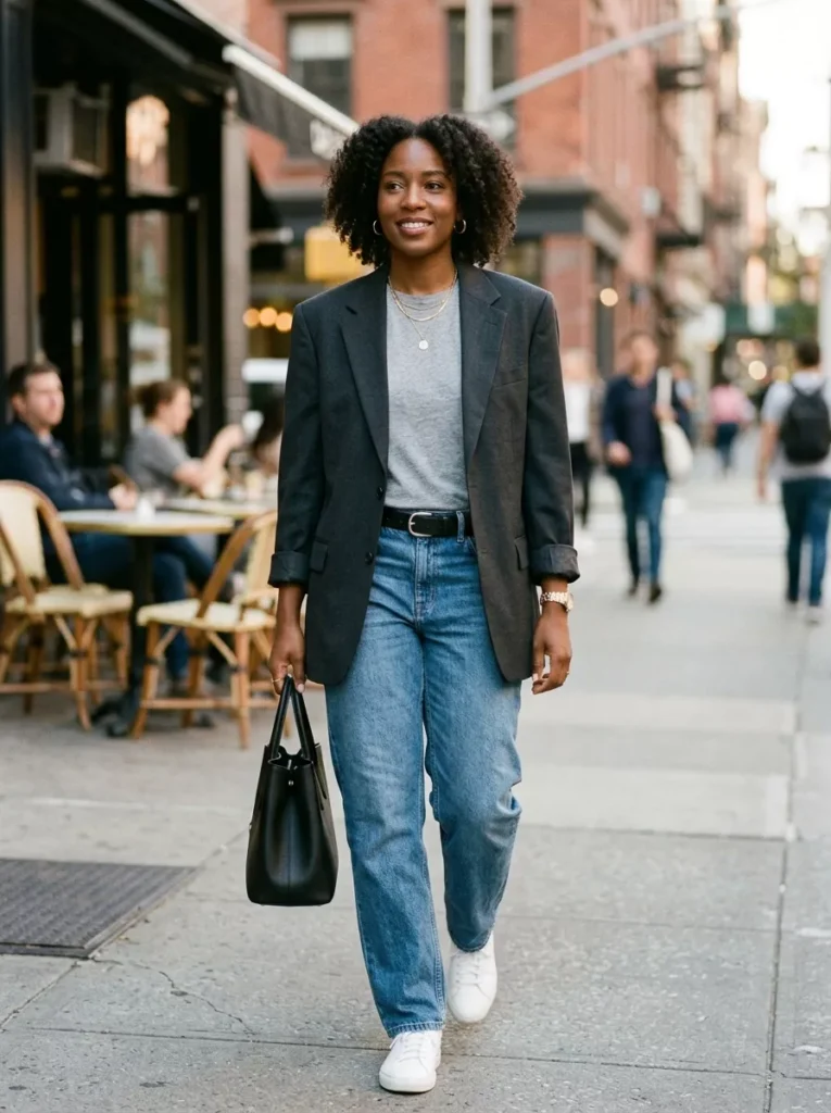 Oversized Blazer, Tee, and Low Rise Boyfriend Jeans