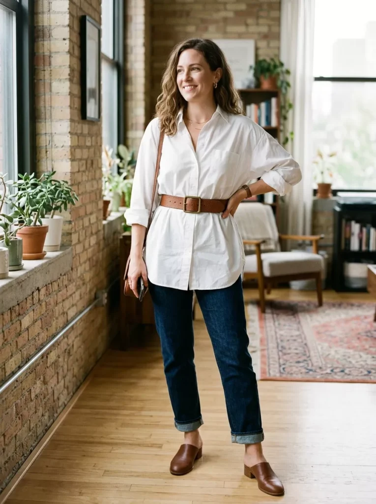 Oversized Shirt, Belted Waist, and Jeans for Effortless Shape