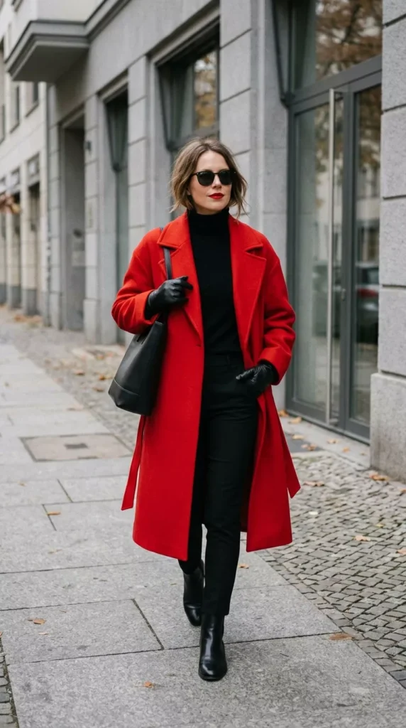 Red Coat, Monochrome Neutrals, and Leather Gloves