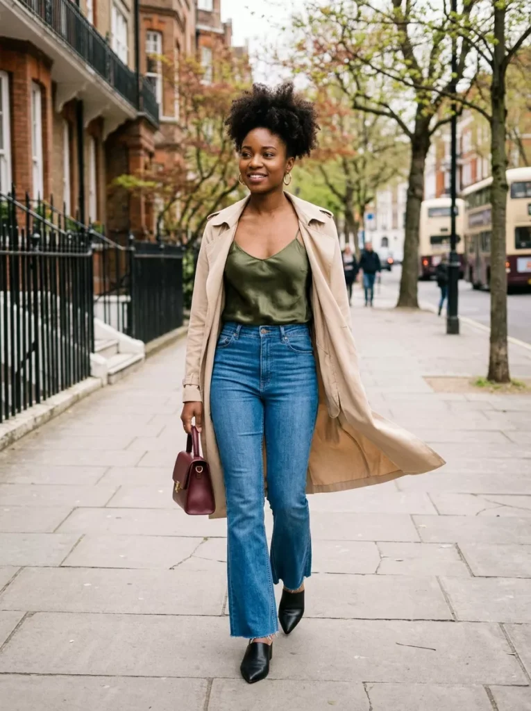 Satin Camisole, Lightweight Trench, and Flare Jeans for Transitional Weather