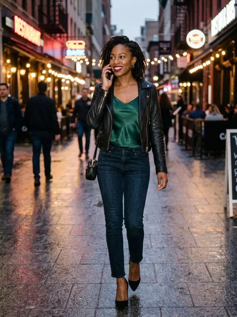 Satin Camisole + Low Rise Slim Jeans for Night Out