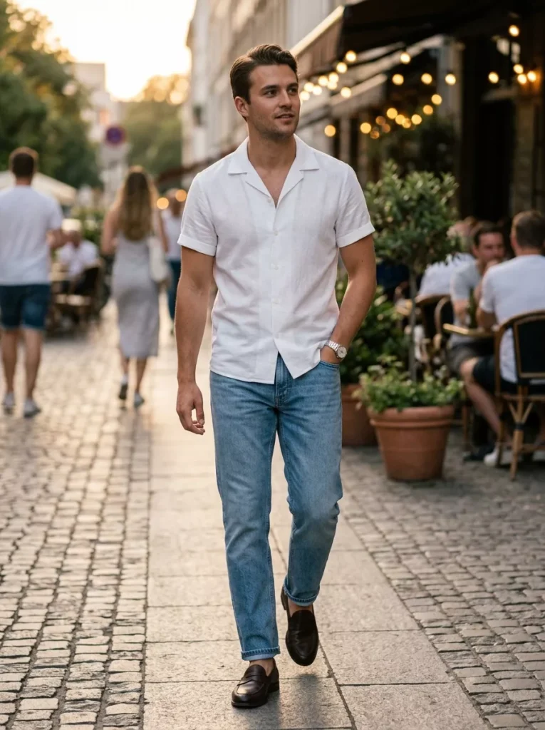 Short-Sleeve White Shirt with Light Jeans for Summer Evenings
