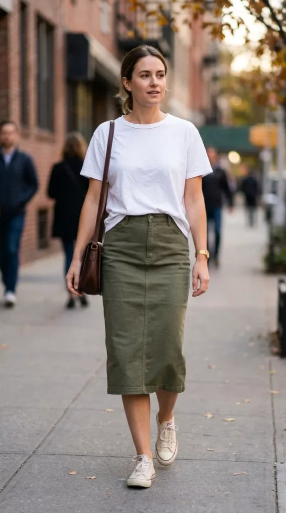 Simple White Tee With Straight Olive Midi Skirt