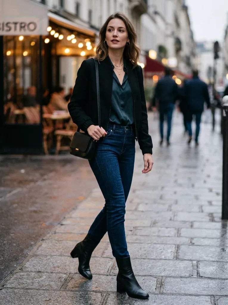 Sleek Black Boots, Dark Jeans, and Minimal Jewelry for Night Out