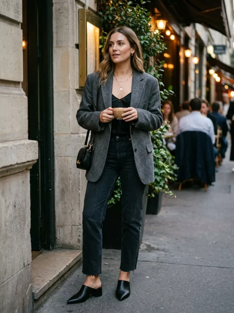 Slip Cami, Oversized Blazer, and Low Heels for Effortless Chic