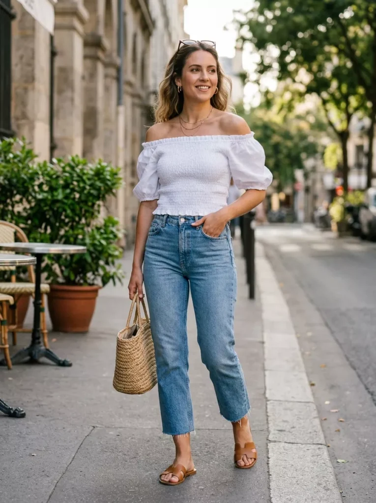 Smocked Off-Shoulder Top with Cropped Jeans