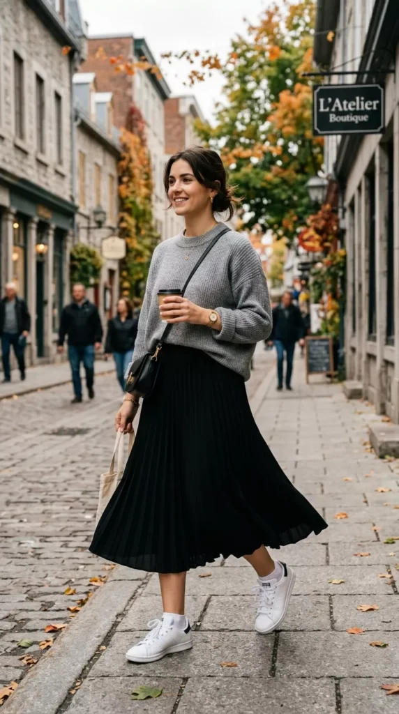 Soft Gray Sweater Over a Black Pleated Midi Skirt With White Sneakers