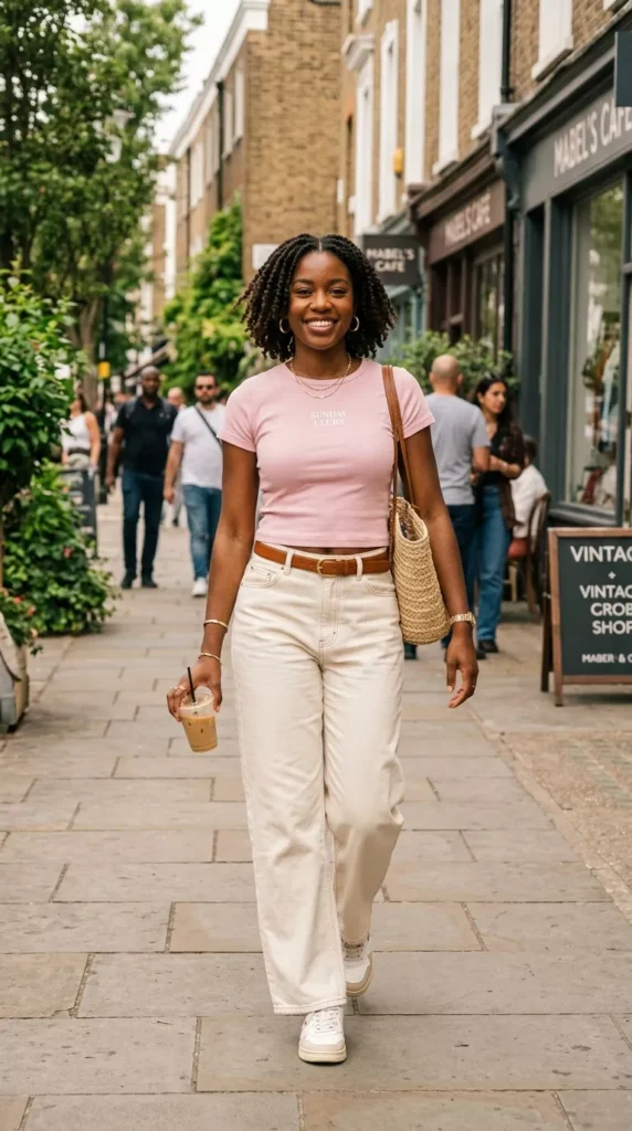 Soft Pink Baby Tee With Cream Wide-Leg Jeans
