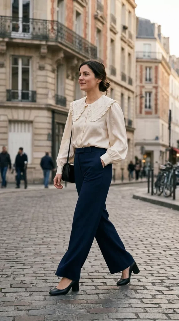 Statement Collar Blouse, Wide-Leg Trousers, and Heels