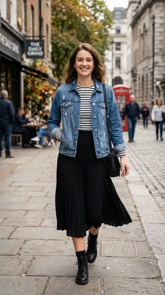 Striped Long-Sleeve Tee With a Black Pleated Midi Skirt and Denim Jacket