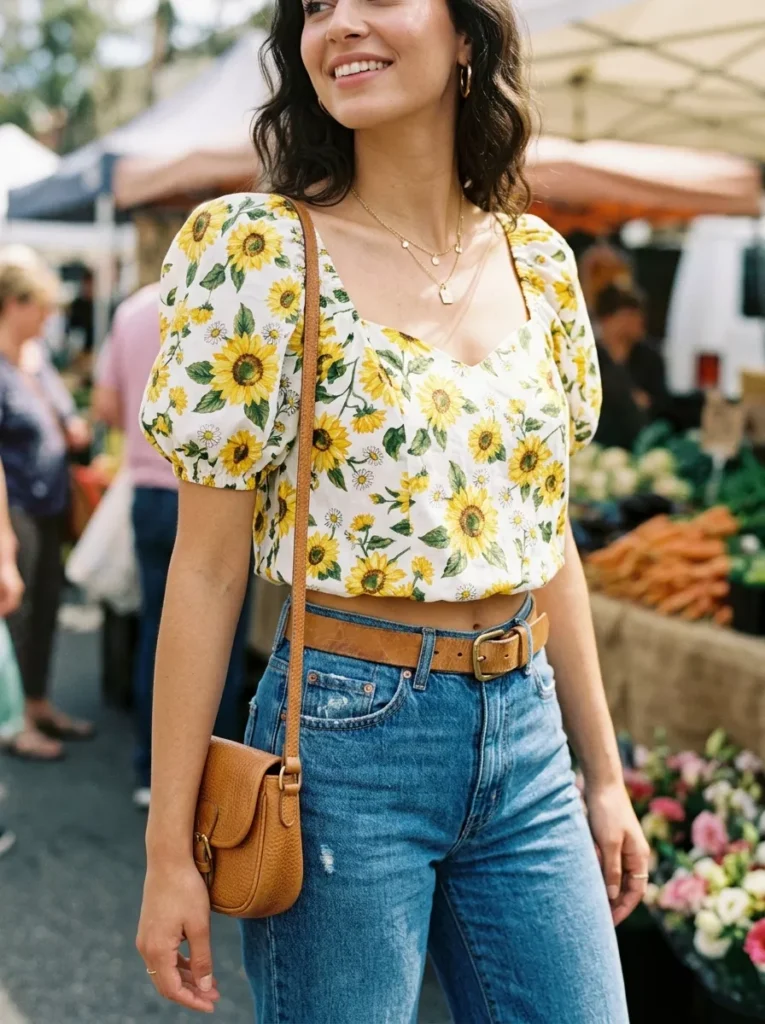 Sunflower Print Puff-Sleeve Crop with Flared Jeans