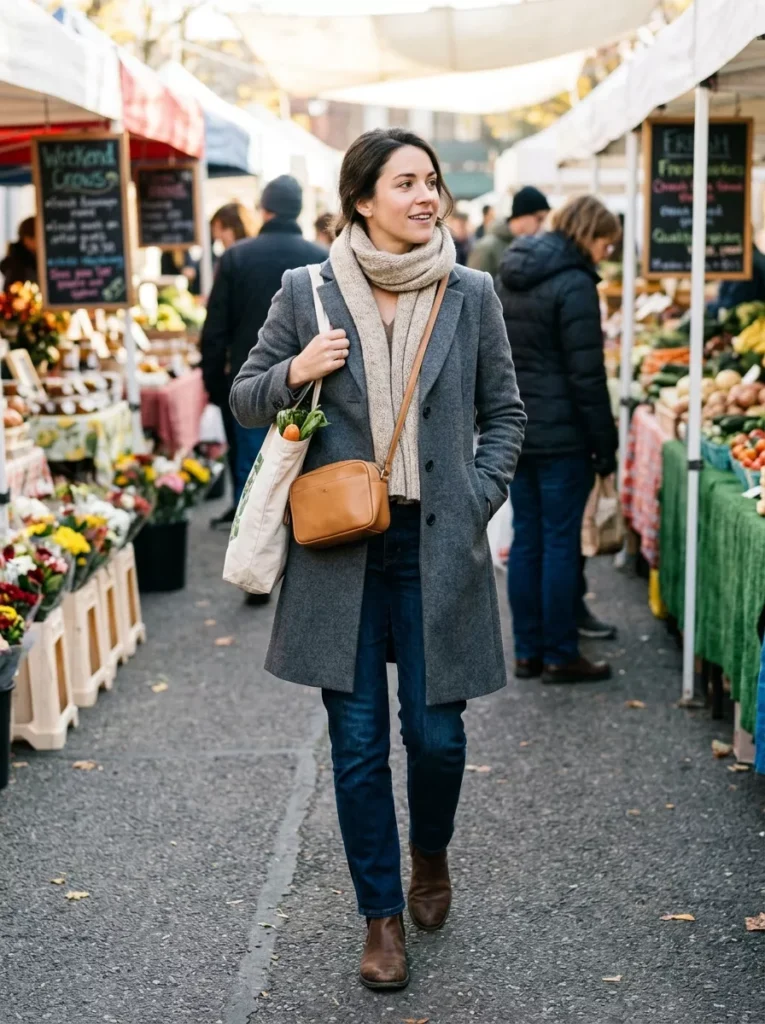 Tailored Coat, Scarf, and Jeans for Weekend Markets