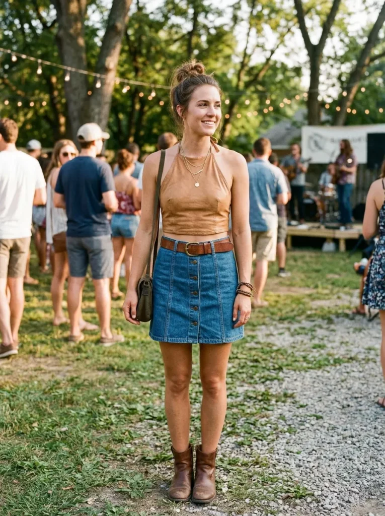 Tan Leather Halter Crop with Denim Skirt