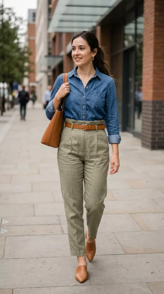 Tucked into Paperbag Waist Trousers with a Slim Belt and Mules