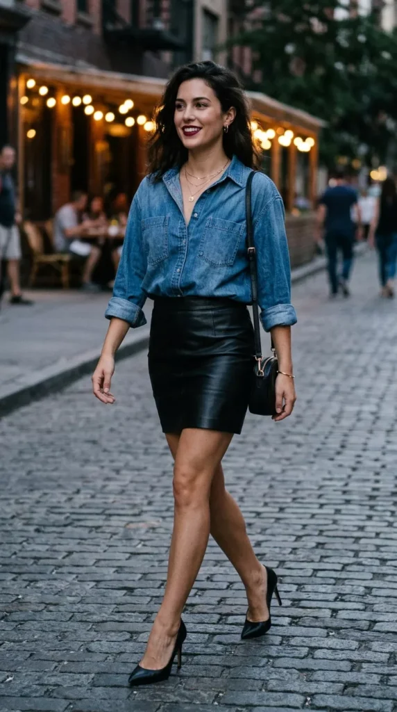 Tucked into a Leather Mini Skirt with Heels for Date Night
