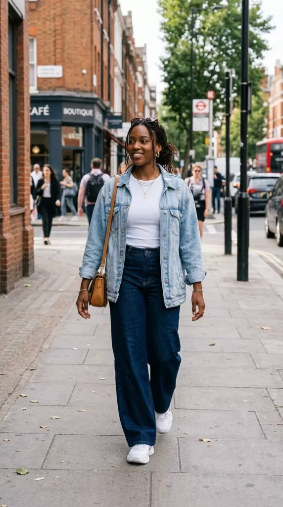 White Baby Tee Under a Denim Jacket With Wide-Leg Pants